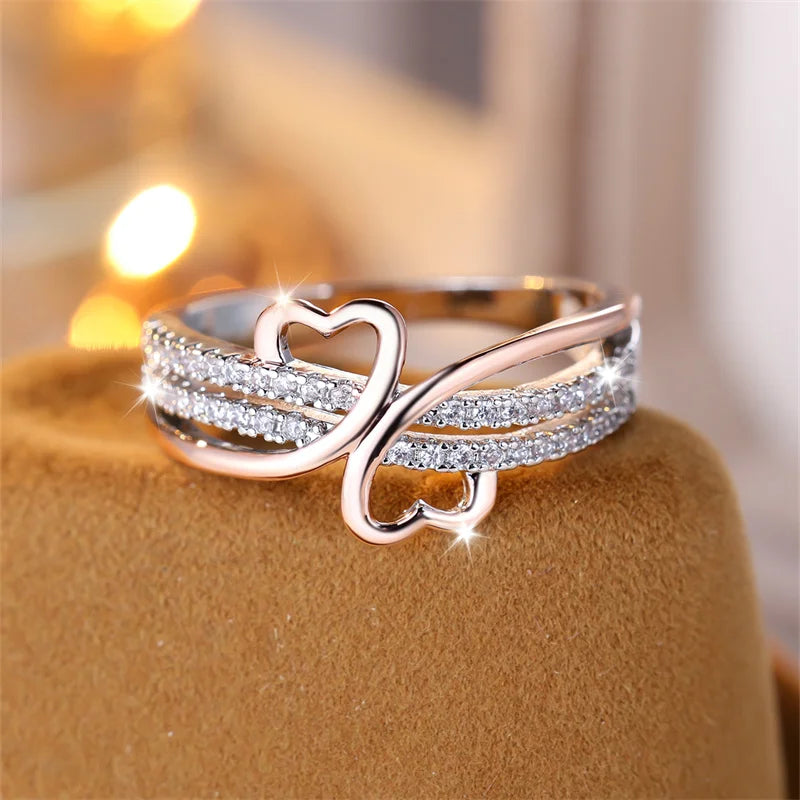 Two-Tone Rose Gold and Silver Double Heart Rings for Women with White Zircon Infinity Wedding Bands - Bridal Engagement Jewelry