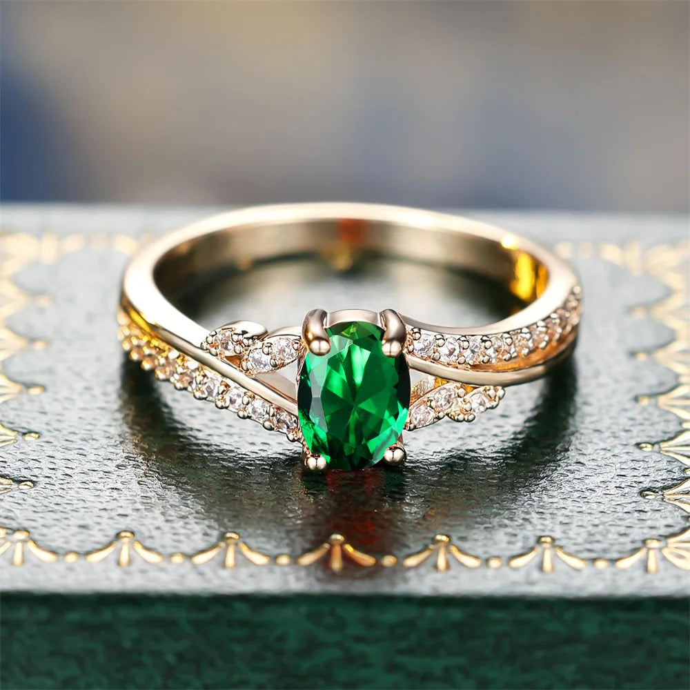 Green Zircon Small Oval Stone Rings for Women Vintage Gold Color Engagement Ring Wedding Jewelry Bridal Valentine'S Day Gifts
