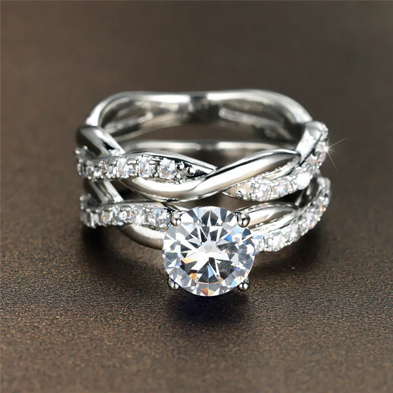 Luxury Rose Gold Engagement Ring Set with White Round Zircon Stones for Women