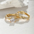 Elegant Women's Round Zircon Bridal Set in Silver and Gold with White Crystal Stone Crossed Wedding Bands and Engagement Rings