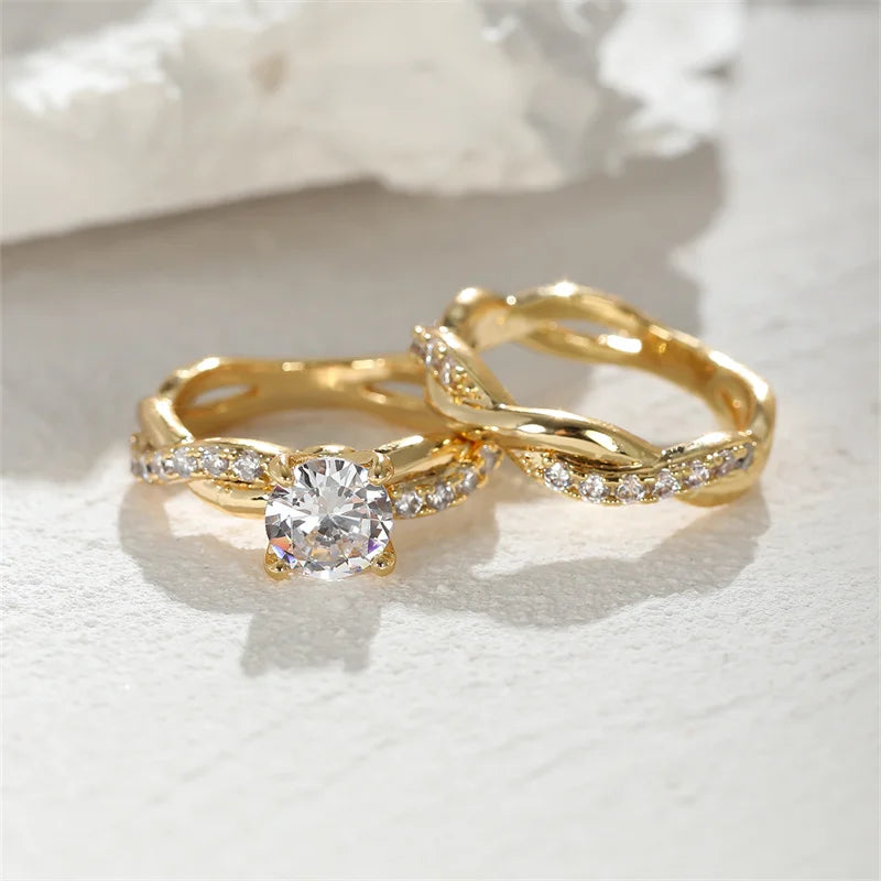Elegant Women's Round Zircon Bridal Set in Silver and Gold with White Crystal Stone Crossed Wedding Bands and Engagement Rings