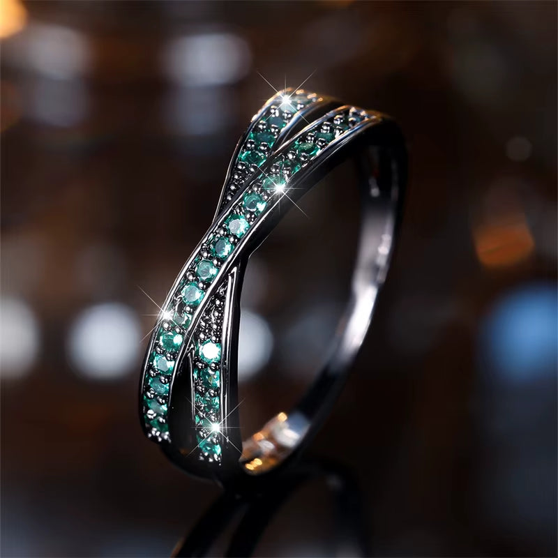 Minimalist Stacking Crossed Wedding Bands in Black, Gold, and Silver with Colored Stones and White Zircon - Elegant Thin Rings for Women