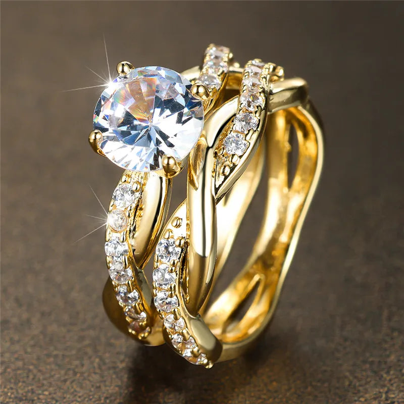 Luxury Rose Gold Engagement Ring Set with White Round Zircon Stones for Women
