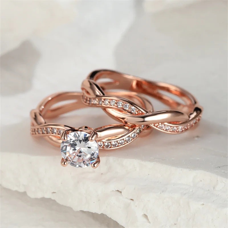 Elegant Women's Round Zircon Bridal Set in Silver and Gold with White Crystal Stone Crossed Wedding Bands and Engagement Rings