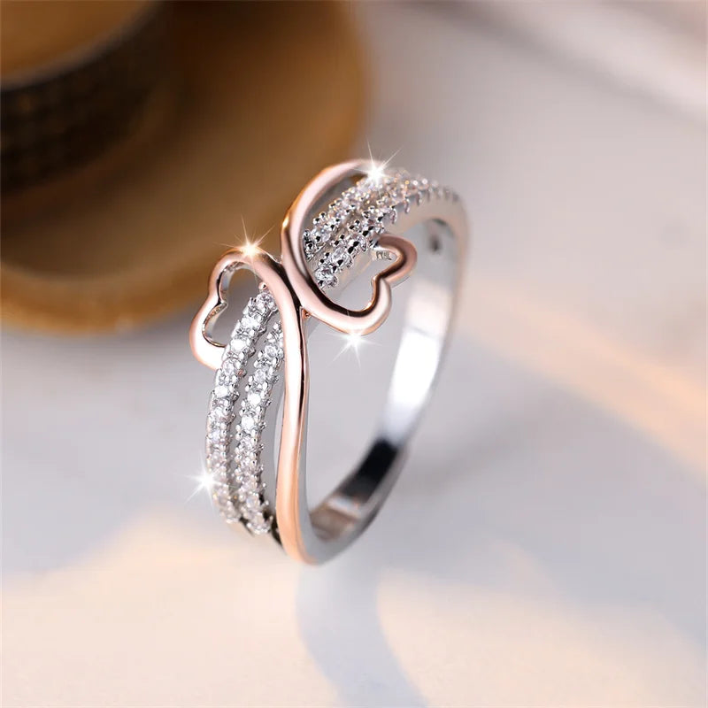 Two-Tone Rose Gold and Silver Double Heart Rings for Women with White Zircon Infinity Wedding Bands - Bridal Engagement Jewelry