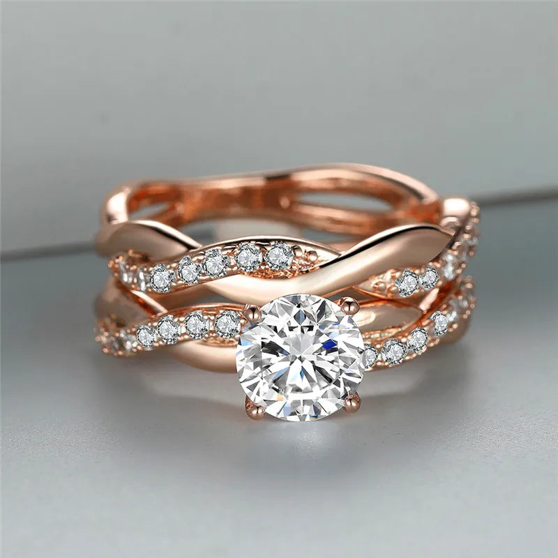 Luxury Rose Gold Engagement Ring Set with White Round Zircon Stones for Women