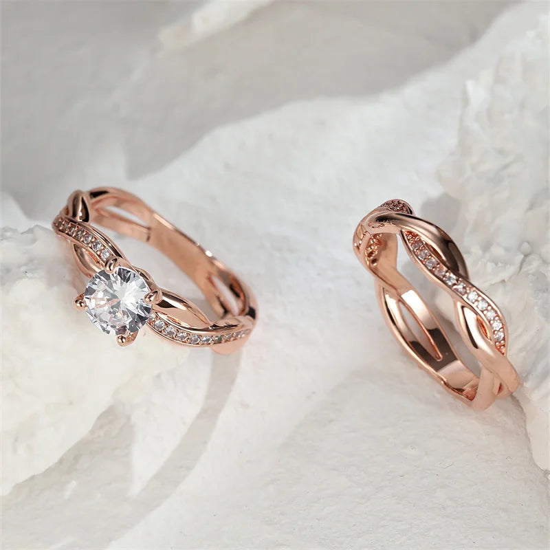 Elegant Women's Round Zircon Bridal Set in Silver and Gold with White Crystal Stone Crossed Wedding Bands and Engagement Rings