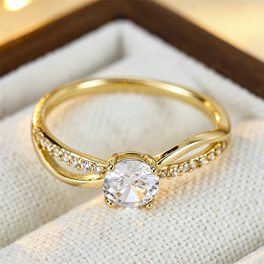 Luxury Women's Vintage Gold Color Cross Thin Rings with Crystal Zircon for Engagement and Wedding Jewelry