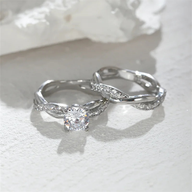 Elegant Women's Round Zircon Bridal Set in Silver and Gold with White Crystal Stone Crossed Wedding Bands and Engagement Rings