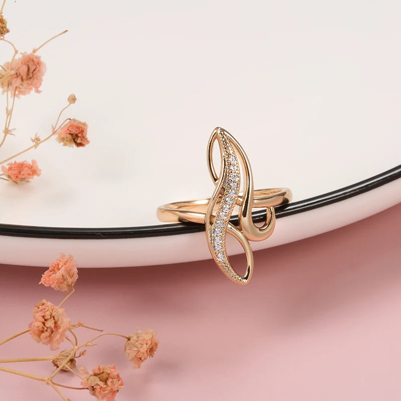 Elegant Geometric Texture Natural White Zircon Rings for Women 585 Gold Wedding Party Personality Rings Fashion Fine Jewelry