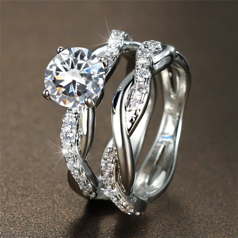 Luxury Rose Gold Engagement Ring Set with White Round Zircon Stones for Women