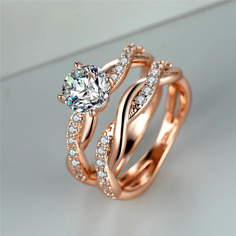 Luxury Rose Gold Engagement Ring Set with White Round Zircon Stones for Women