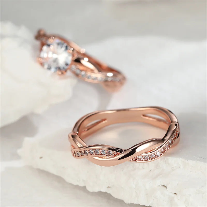 Elegant Women's Round Zircon Bridal Set in Silver and Gold with White Crystal Stone Crossed Wedding Bands and Engagement Rings