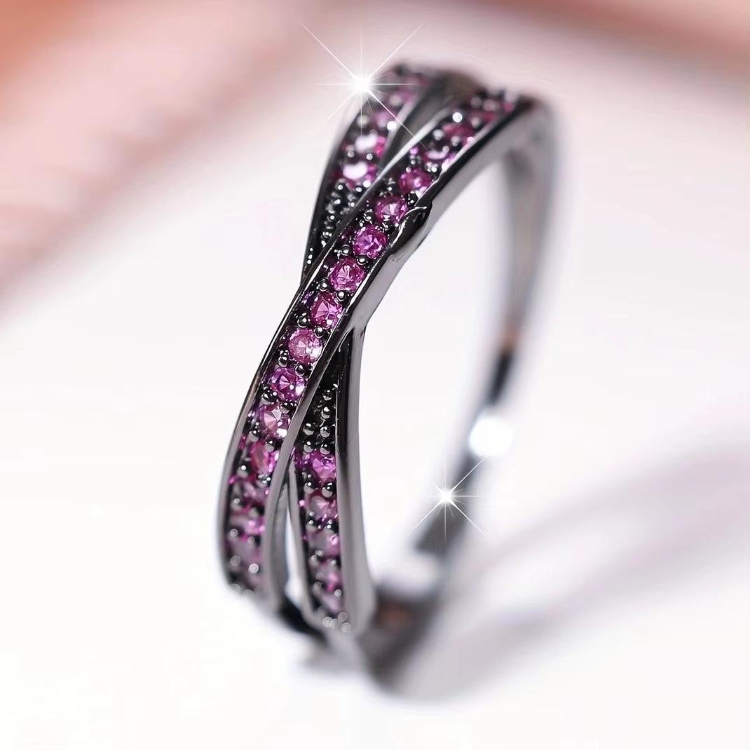 Minimalist Stacking Crossed Wedding Bands in Black, Gold, and Silver with Colored Stones and White Zircon - Elegant Thin Rings for Women