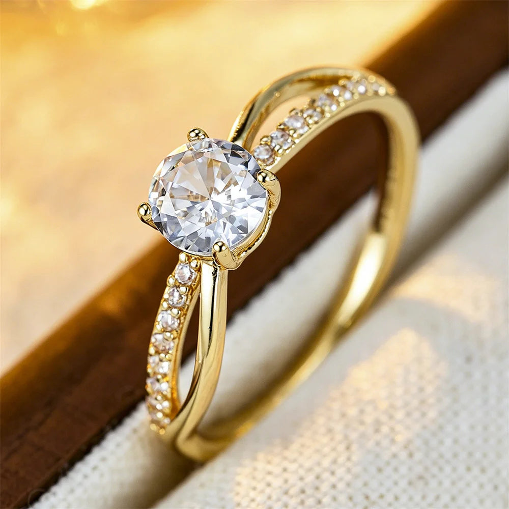 Luxury Women's Vintage Gold Color Cross Thin Rings with Crystal Zircon for Engagement and Wedding Jewelry