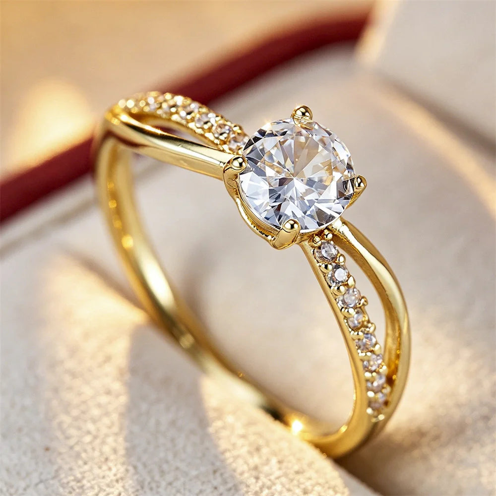 Luxury Women's Vintage Gold Color Cross Thin Rings with Crystal Zircon for Engagement and Wedding Jewelry