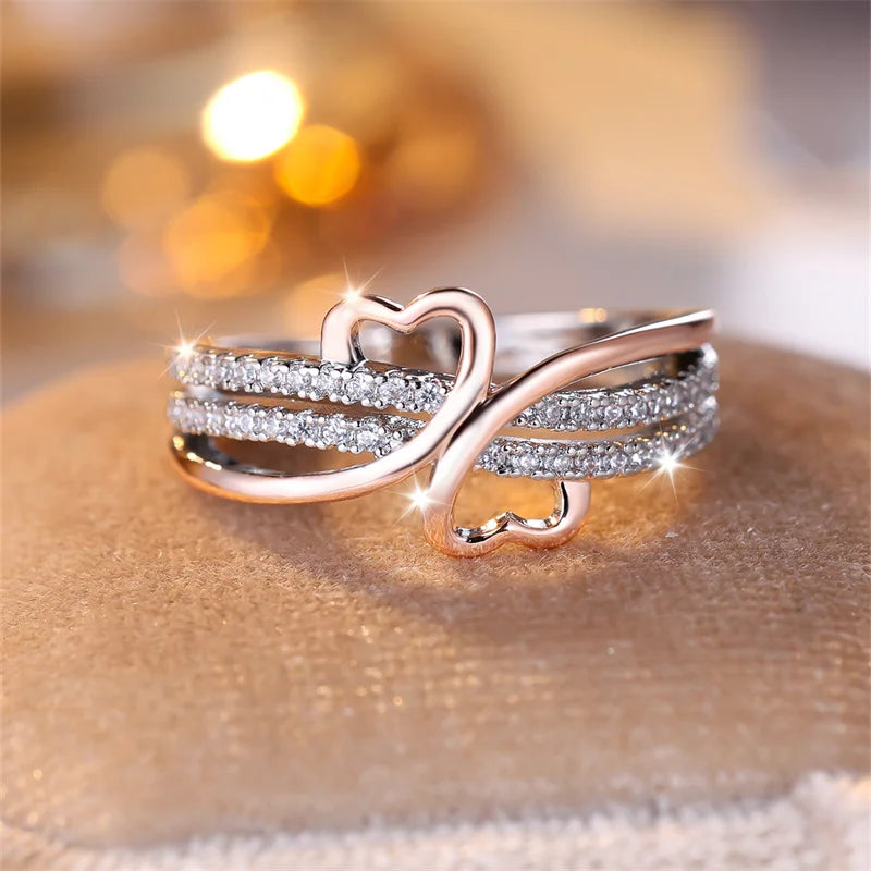 Two-Tone Rose Gold and Silver Double Heart Rings for Women with White Zircon Infinity Wedding Bands - Bridal Engagement Jewelry