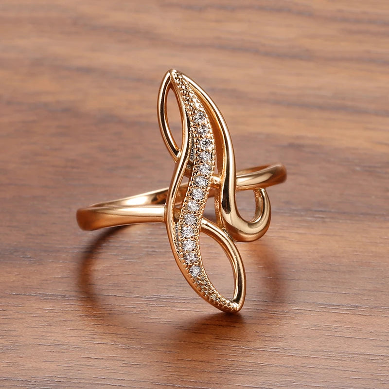 Elegant Geometric Texture Natural White Zircon Rings for Women 585 Gold Wedding Party Personality Rings Fashion Fine Jewelry
