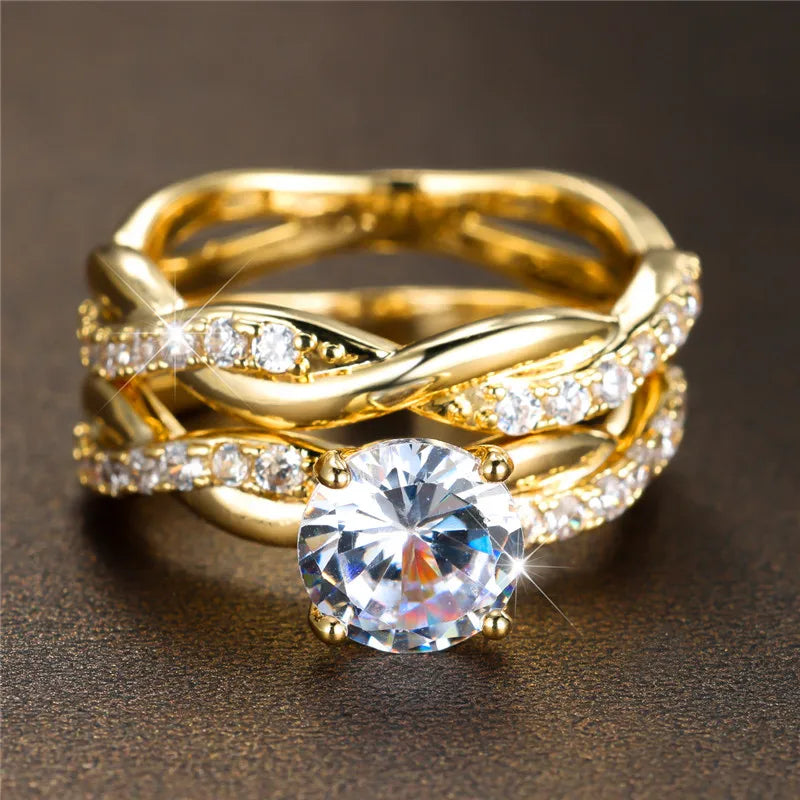 Luxury Rose Gold Engagement Ring Set with White Round Zircon Stones for Women