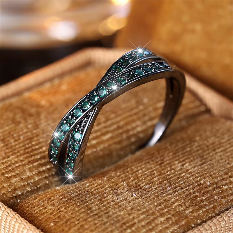 Minimalist Stacking Crossed Wedding Bands in Black, Gold, and Silver with Colored Stones and White Zircon - Elegant Thin Rings for Women