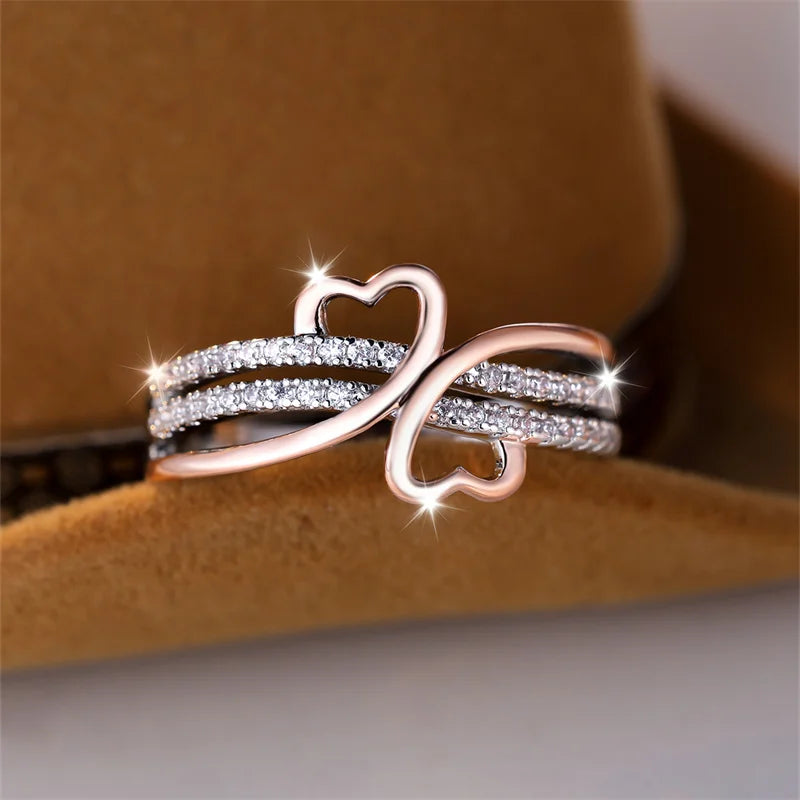 Two-Tone Rose Gold and Silver Double Heart Rings for Women with White Zircon Infinity Wedding Bands - Bridal Engagement Jewelry