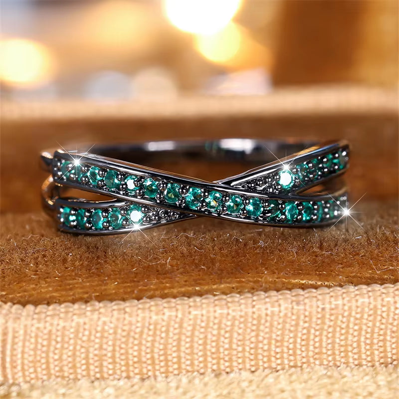 Minimalist Stacking Crossed Wedding Bands in Black, Gold, and Silver with Colored Stones and White Zircon - Elegant Thin Rings for Women