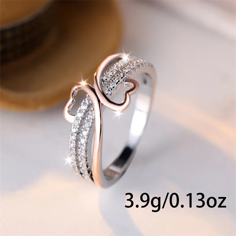 Two-Tone Rose Gold and Silver Double Heart Rings for Women with White Zircon Infinity Wedding Bands - Bridal Engagement Jewelry
